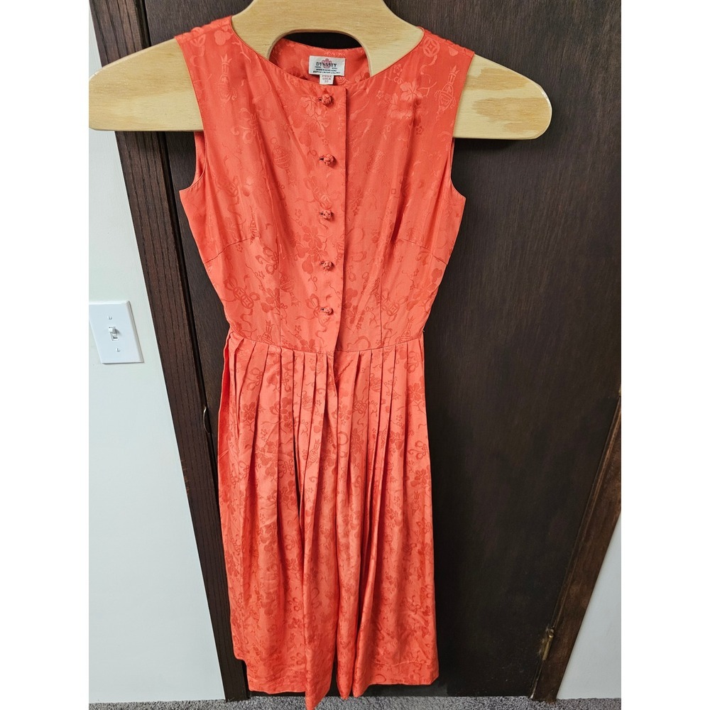Vintage Dynasty Hong Kong Pure Silk Jacquard Sleeveless Pleated Dress Coral 10